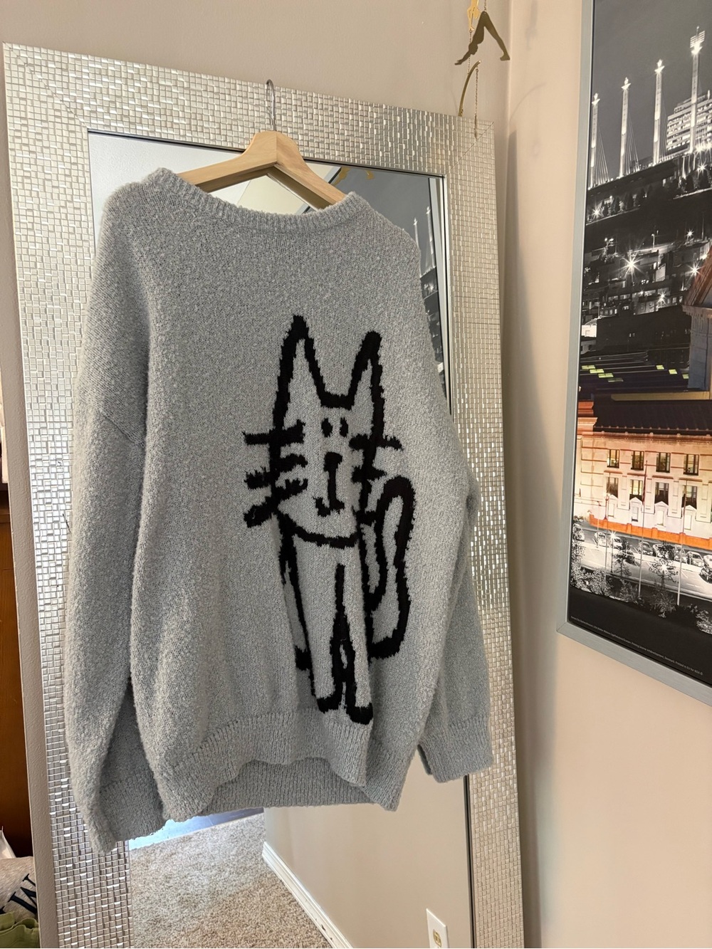 Cozy Gray Cat-Graphic Sweater